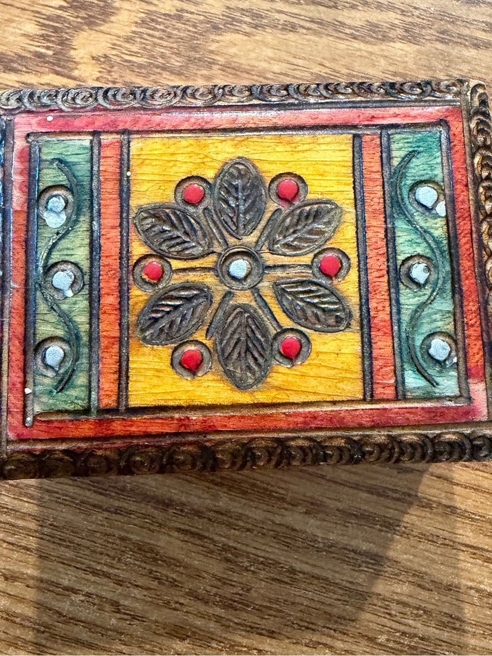 Vintage Hand Carved Polish Wooden Trinket Jewelry Box Red Folk Art Floral 3”x2”